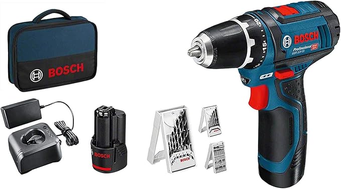 Bosch Professional 12V System perceuse-visseuse sans-fil GSR 12V-15 + Sac à outils 103 pièces (avec 2 batteries 2,0 Ah + chargeur, set d'accessoires 39 pièces, dans sac)