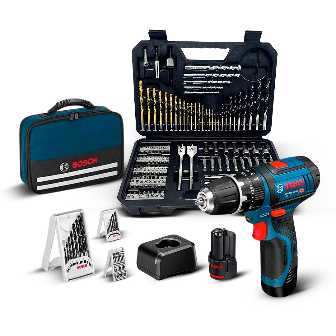 Bosch Professional 12V System perceuse-visseuse sans-fil GSR 12V-15 + Sac à outils 103 pièces (avec 2 batteries 2,0 Ah + chargeur, set d'accessoires 39 pièces, dans sac)